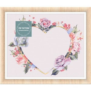 Modern cross stitch pattern, Flower heart pattern, Heart cross stitch, Modern wall art, Pdf download, Embroidery Chart, counted cross stitch