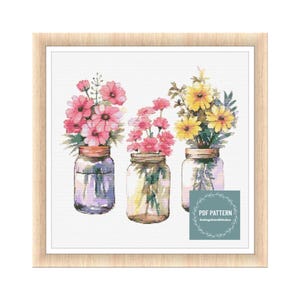 Flowers in Mason Jar, cross stitch patterns pdf, printable pdf pattern, Cross Stitch Chart, instant download, Digital counted cross stitch