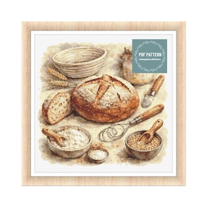 May include: A cross-stitch design depicting bread-making. The image shows a round loaf of bread, a sliced loaf, bowls of flour and grains, a whisk, and a proofing basket. The text "PDF Pattern" is visible in the upper right corner.