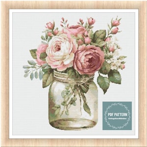 Flowers in Mason Jar, cross stitch patterns pdf, printable pdf pattern, Cross Stitch Chart, instant download, Digital counted cross stitch