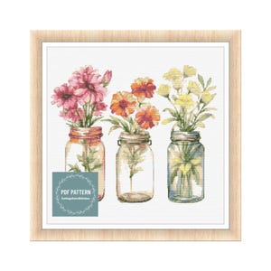 Flowers in Mason Jar, kruissteekpatronen pdf, afdrukbaar pdf-patroon, kruissteekkaart, instant download, digitale getelde kruissteek