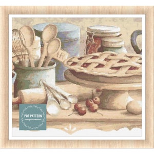 Pastry Kitchen kruissteekpatroon pdf, afdrukbaar pdf-patroon, kruissteekkaart, instant download, digitale getelde kruissteek, cherry pie