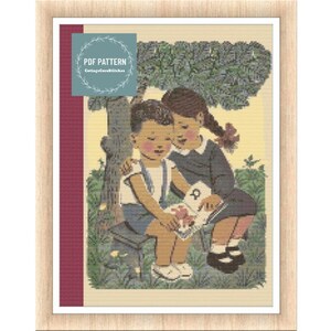 Cross stitch pattern kids, Siblings studying, digital pattern pdf,Cross Stitch Chart, instant download, Counted cross stitch pattern