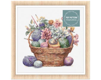 Victorian Knit Basket, cross stitch patterns pdf, printable pdf pattern, Cross Stitch Chart, instant download, Digital counted cross stitch