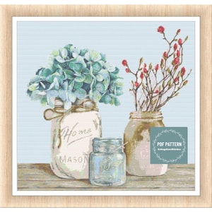 Flowers in Mason Jars, cross stitch patterns pdf, printable pdf pattern, Cross Stitch Chart, instant download, Digital counted cross stitch