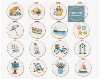 Bundel met mini-kruissteekpatronen voor strandvakantie (16 ontwerpen), zomer PDF, digitaal patroon pdf, kruissteekschema, direct te downloaden