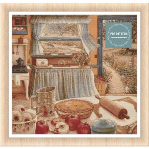 Appeltaart in de keuken kruissteekpatroon pdf, cottagecore keuken pdf-patroon, kruissteektabel, getelde kruissteek