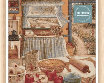 Appeltaart in de keuken kruissteekpatroon pdf, cottagecore keuken pdf-patroon, kruissteektabel, getelde kruissteek