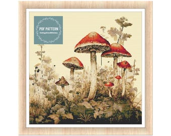 Mushrooms and wildflowers cross stitch pattern, printable pdf pattern, Cross Stitch Chart, instant download, Digital counted cross stitch