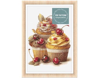 Cherry cupcakes cross stitch pattern pdf, printable pdf pattern, Cross Stitch Chart, instant download, Digital counted cross stitch