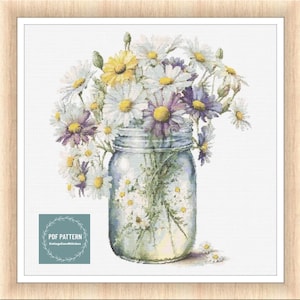 Flowers in Mason Jar, kruissteekpatronen pdf, afdrukbaar pdf-patroon, kruissteekkaart, instant download, digitale getelde kruissteek