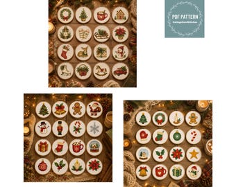 Bundle MINI Christmas Ornament Cross Stitch PDF,  3 Sets of 16 Holiday Designs, woodland deer, snowman, sleigh, digital pattern pdf