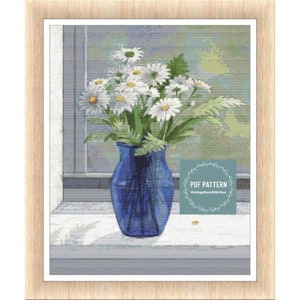 Daisies in Vase cross stitch pattern, spring cross stitch, printable pdf pattern, Cross Stitch Chart, instant download, counted cross stitch