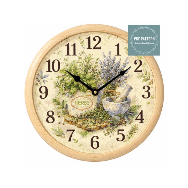 Clock cross stitch pattern, Kitchen herbs in jars and drying herbs cross stitch pattern pdf, printable pdf pattern, Cross Stitch Chart