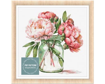 May include: A watercolor painting of pink peonies in a clear glass jar with a green lid. The flowers are arranged in a bouquet and the jar is sitting on a white background.
