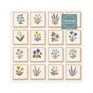 May include: A collection of sixteen square framed cross-stitch designs featuring various wildflowers and botanical illustrations in vibrant colors. A blue rectangular overlay in the top right corner contains the white text PDF PATTERN CottageCoreStitches.
