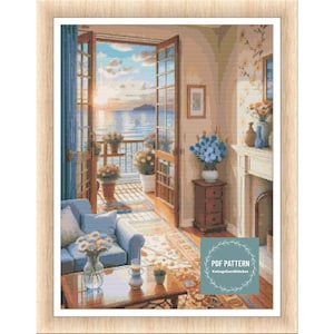 Peut inclure: Un modèle de point de croix représentant un salon avec une vue sur l'océan à travers une paire de portes françaises. La pièce est décorée d'un canapé bleu, d'une table basse et d'un vase de fleurs. Le motif est intitulé "PDF PATTERN CottageCoreStitches".