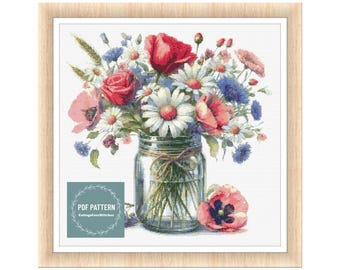 Flowers in Mason Jar, kruissteekpatronen pdf, afdrukbaar pdf-patroon, kruissteekkaart, instant download, digitale getelde kruissteek