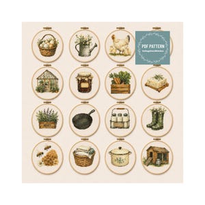 May include: A collection of sixteen circular embroidery hoops featuring cross-stitch designs of a basket of eggs, a watering can, a hen with chicks, a greenhouse, a jar, vegetables, food, herbs, a skillet, milk bottles, boots, bees, laundry, a pot, and a shed. Text reads PDF PATTERN CottageCoreStitches.