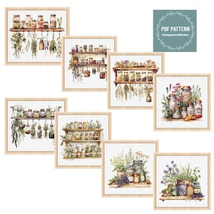 Peut inclure: Ensemble de huit modèles de point de croix représentant différents arrangements de bocaux remplis d'herbes et de fleurs. Les motifs sont encadrés dans un cadre en bois clair et ont un fond blanc. Le texte "PDF PATTERN CottageCoreStitches" est dans le coin supérieur droit de l'image.