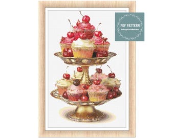 Cherry cupcakes cross stitch pattern pdf, printable pdf pattern, Cross Stitch Chart, instant download, Digital counted cross stitch