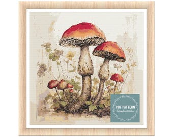 Mushrooms and wildflowers cross stitch pattern, printable pdf pattern, Cross Stitch Chart, instant download, Digital counted cross stitch