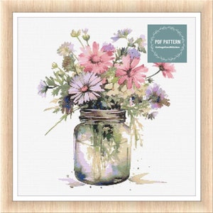 Flowers in Mason Jar, kruissteekpatronen pdf, afdrukbaar pdf-patroon, kruissteekkaart, instant download, digitale getelde kruissteek