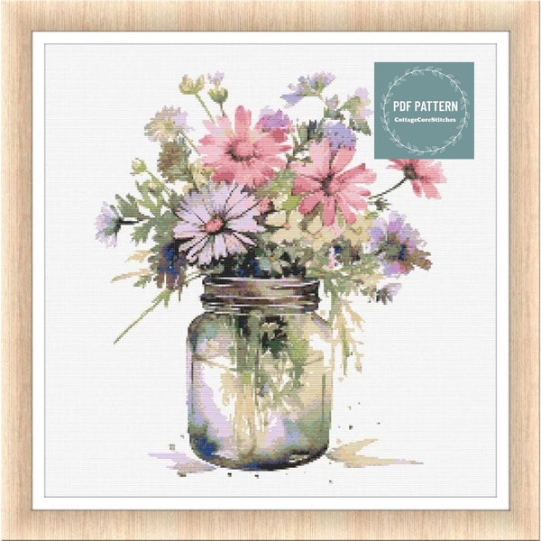 Flowers in Mason Jar, cross stitch patterns pdf, printable pdf pattern, Cross Stitch Chart, instant download, Digital counted cross stitch