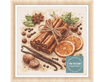 Cinnamon sticks and spices cross stitch pattern pdf, printable pdf pattern, Cross Stitch Chart, instant download,digital pattern