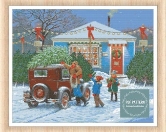 Vintage Christmas Truck Cross Stitch Pattern, Snowy Christmas Scene, Counted Cross Stitch PDF, Farmhouse Holiday Embroidery Pattern