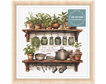 Kitchen herbs in jars and drying herbs cross stitch pattern pdf, printable pdf pattern, Cross Stitch Chart, instant download,digital pattern