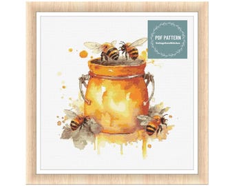 Bee cross stitch pattern PDF - digital download - insect honey bee floral nature embroidery - farmhouse pdf pattern - counted cross stitch