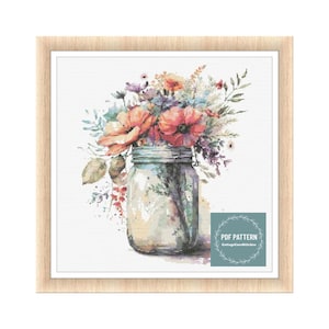 Flowers in Mason Jar, kruissteekpatronen pdf, afdrukbaar pdf-patroon, kruissteekkaart, instant download, digitale getelde kruissteek