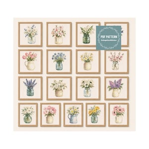 May include: A digital PDF pattern collection featuring sixteen square framed illustrations of various flowers in glass jars and ceramic pitchers, including daisies, tulips, lavender, and peonies, with the text PDF PATTERN CottageCoreStitches.