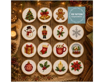 MINI Christmas Ornament Cross Stitch PDF,  Set of 16 Holiday Designs, woodland deer, snowman, sleigh, digital pattern pdf
