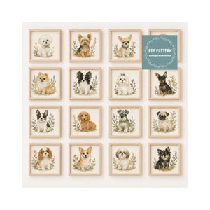 Puede incluir: Un patrón PDF digital que presenta dieciséis diseños individuales de punto de cruz de varias razas de perros, cada uno enmarcado en un cuadrado de madera clara. El texto "PDF PATTERN" y "CottageCoreStitches" aparece en un recuadro azul arriba a la derecha.