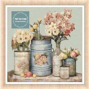 Flowers in Cans, cross stitch patterns pdf, printable pdf pattern, Cross Stitch Chart, instant download, Digital counted cross stitch