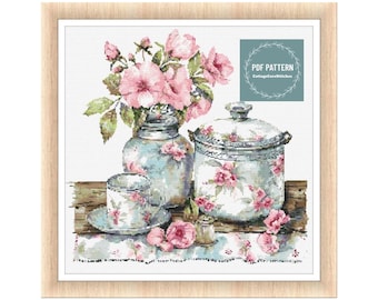 Kruissteekpatroon pdf vintage keuken, afdrukbaar pdf-patroon, instant download, digitale getelde kruissteekkaart, gezellige kruissteek