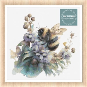 Bee cross stitch pattern PDF - digital download - insect honey bee floral nature embroidery - farmhouse pdf pattern - counted cross stitch