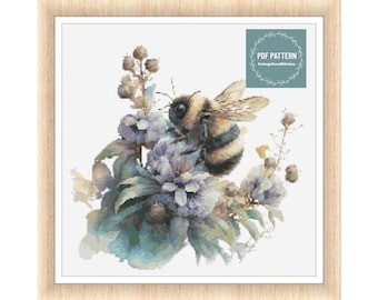 Bee cross stitch pattern PDF - digital download - insect honey bee floral nature embroidery - farmhouse pdf pattern - counted cross stitch