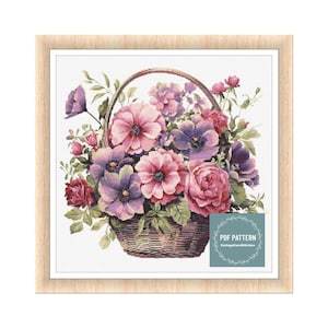 バスケットの花のクロスステッチ、クロスステッチパターンの花、インスタントダウンロードPDF、カウントクロスステッチ、刺繍パターン、PDFパターン