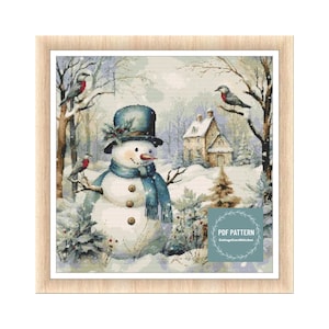 Snowman Christmas cross stitch pattern, winter pdf pattern, instant download, counted cross stitch chart, hand embroidery, needlepoint