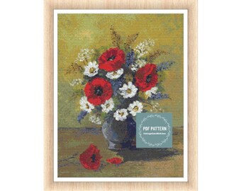 Fleurs en pot motif point de croix pdf, motif pdf imprimable, grille de point de croix, téléchargement immédiat, point de croix numérique compté