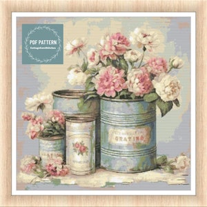 Flowers in Cans, cross stitch patterns pdf, printable pdf pattern, Cross Stitch Chart, instant download, Digital counted cross stitch