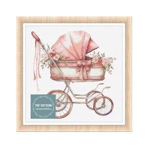 Vintage kinderwagen kruissteekpatroon pdf, kinderwagen babymeisje, afdrukbaar pdf-patroon, kinderkamerkunst, kruissteekkaart, instant download