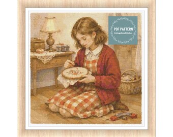 Vintage Girl Embroidering cross stitch pattern pdf, Cross Stitch Chart, instant download, Digital counted cross stitch