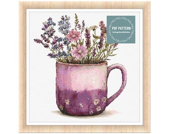 Bloemen in mok, kruissteekpatronen pdf, afdrukbaar pdf-patroon, kruissteekkaart, instant download, digitale getelde kruissteek