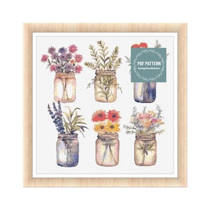 Flowers in Mason Jars, kruissteekpatronen pdf, afdrukbaar pdf-patroon, kruissteekkaart, instant download, digitale getelde kruissteek