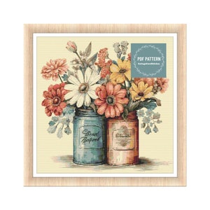 Flowers in Mason Jar, kruissteekpatronen pdf, afdrukbaar pdf-patroon, kruissteekkaart, instant download, digitale getelde kruissteek