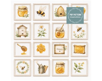 Honey Bee MINI cross stitch pattern pdf, Cottagecore design, Beehive & Honey Jar PDF, digital pattern pdf, Cross Stitch Chart